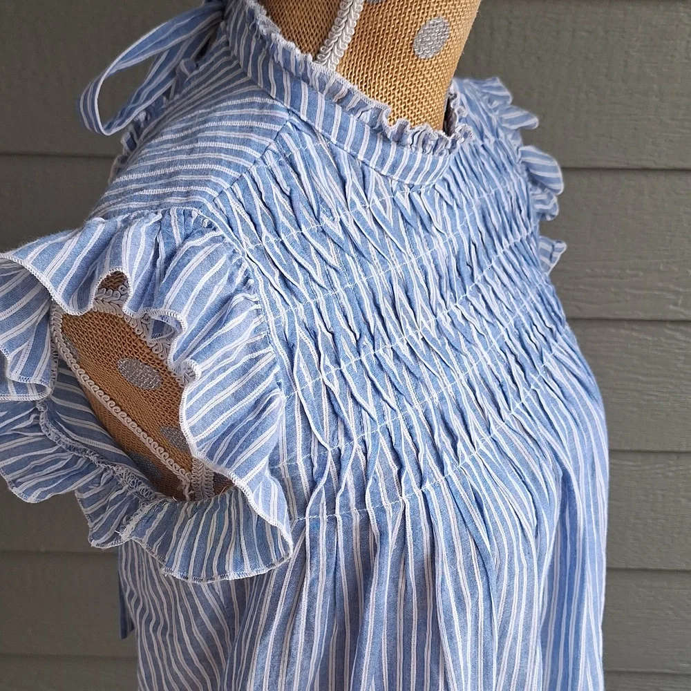 Anthropologie Uli Ruffle Flutter Sleeve Striped Cotton Blouse XS - Picture 5 of 12